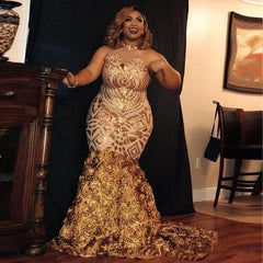 Sparkle Golden Sequined High neck Plus size Mermaid Prom Party Gowns with Flower Train