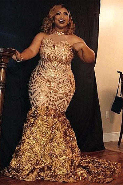 Sparkle Golden Sequined High neck Plus size Mermaid Prom Party Gowns with Flower Train