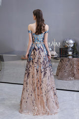 Sparkle Off-the-Shoulder Rainbow sequin A-line Long Prom Party Gowns