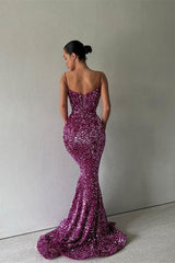 Sparkle Purple Spaghetti Strap Sequin Mermaid Long Prom Dresses