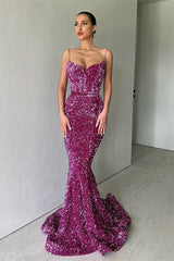 Sparkle Purple Spaghetti Strap Sequin Mermaid Long Prom Dresses
