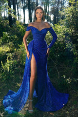 Sparkle Royal Blue One sleeve Off-the-shoulder High Split Prom Dresses