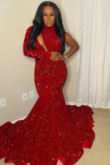 Sparkle Sequin Burgundy High neck Asymmetric Cut Mermaid Prom Dress