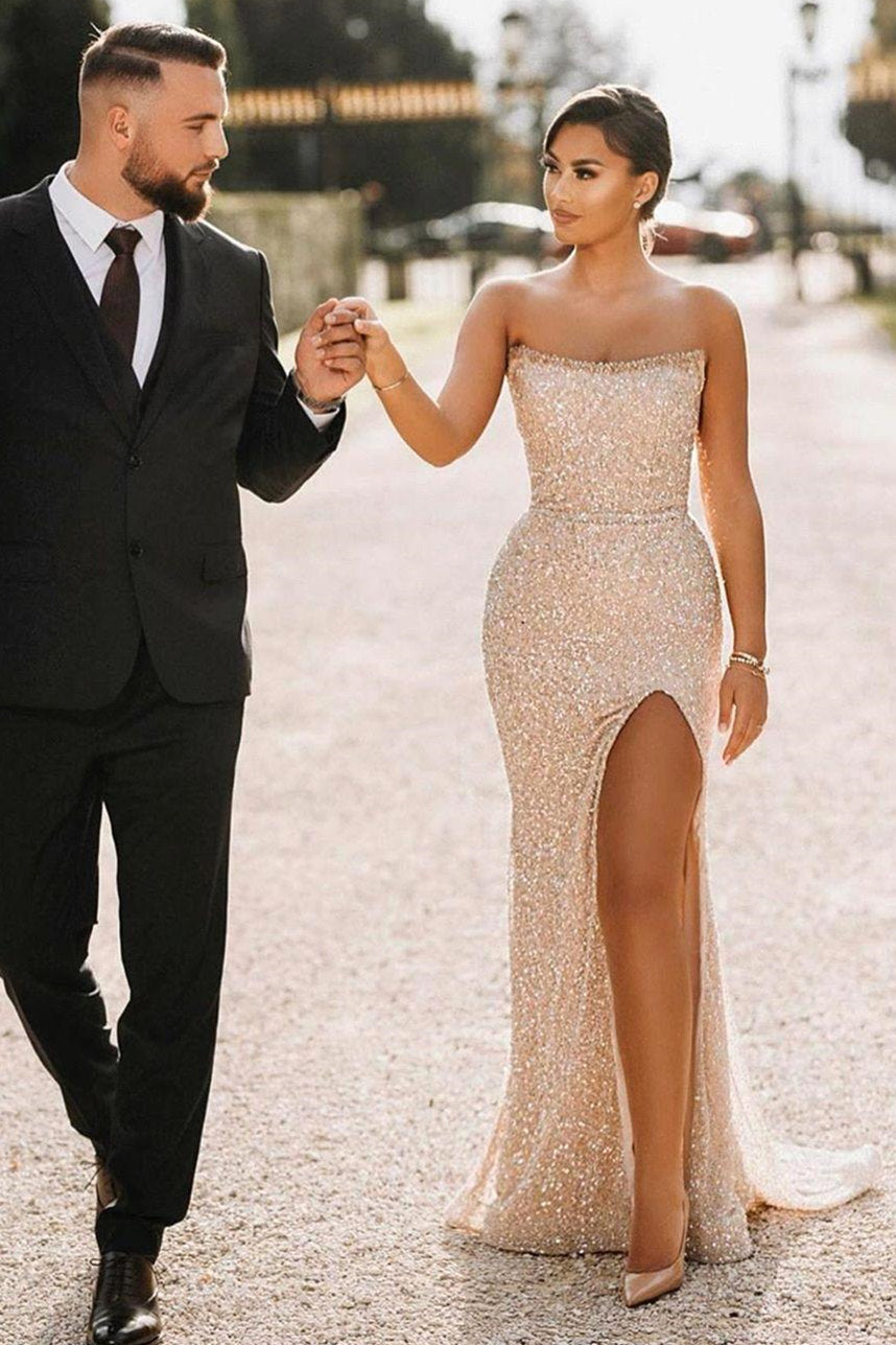 Sparkle Sequin Strapless Column High Split Long Prom Dresses