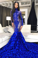 Sparkle Sequins Blue Flowers Fit and Flare Prom Dresses Appliques High Neck Long Sleeves Evening Gowns