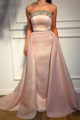 Sparkle Sequins Strapless Pink Prom Party Gowns| Fantastic Sleeveless Beading Long Prom Party Gowns