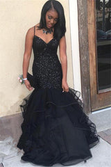 Sparkling Sequins Chic Straps Black Prom Party Gowns| Ruffled Tiered Puffy Tulle Graduation Dresses