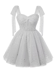 Sparkly Starry Silver Gray Tulle Short Homecoming Dresses Spaghetti Bow Straps Prom Dress Sequin Cocktail Party Dress for Teens