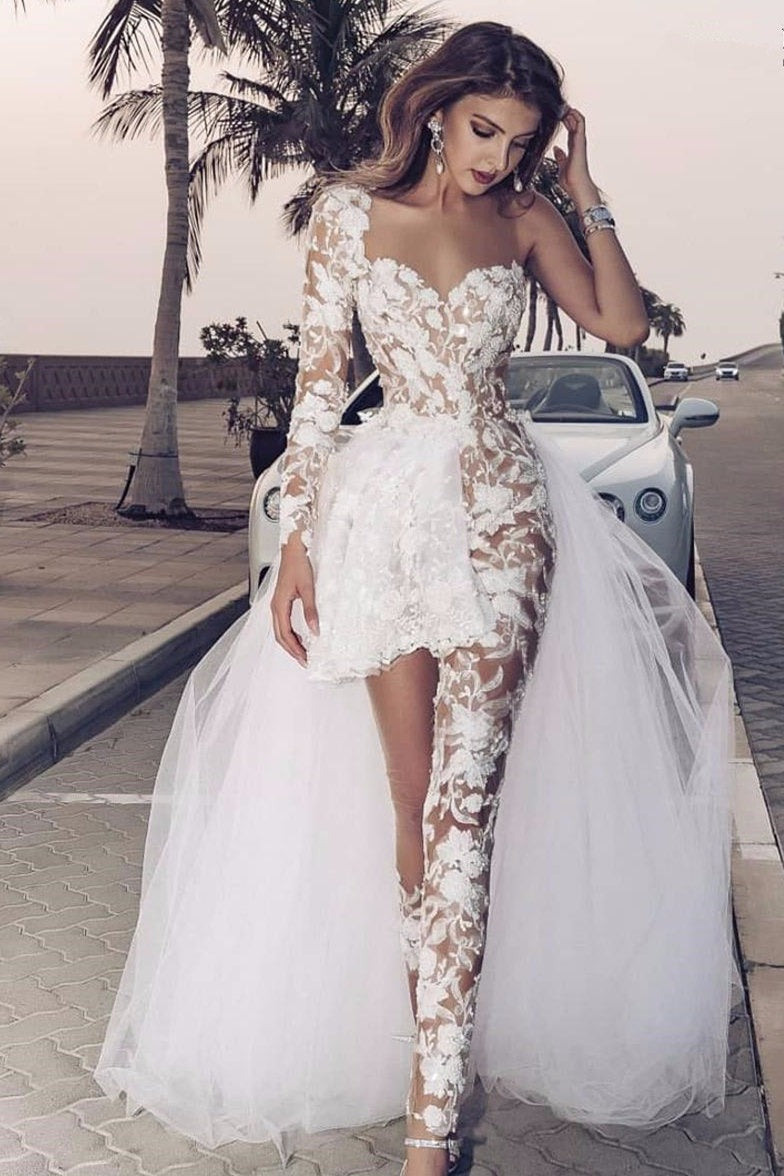 Special Two-piece Tulle Hi-lo Wedding Dress Lace Short Sexy One Shoulder With Long Sleeve On One Side