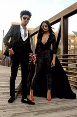 Special V-neck Long Sleevess Lace Prom dresses with Sequins Trousers Floor Length