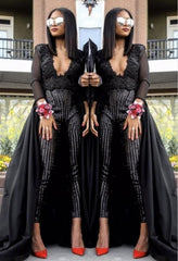 Special V-neck Long Sleevess Lace Prom dresses with Sequins Trousers Floor Length