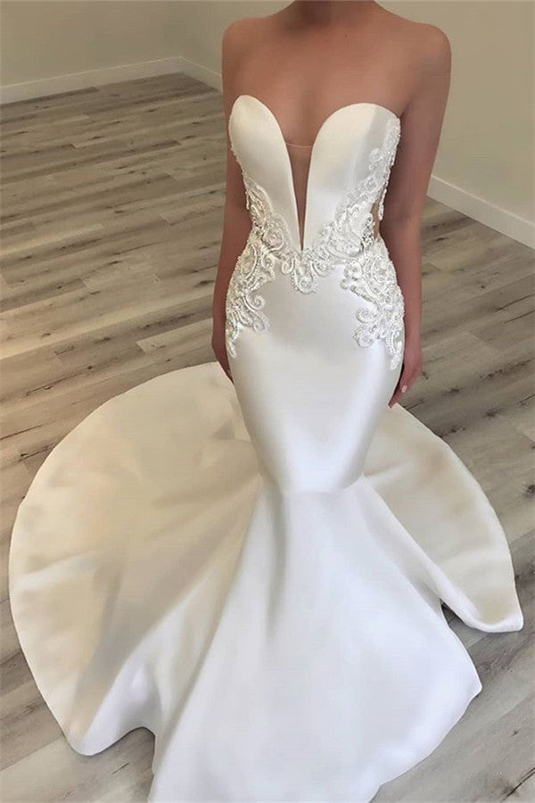 Strapless Appliques Wedding Dresses Classic Mermaid Open Back Dresses for Weddings