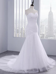 Strapless Sweetheart Mermaid Wedding Dresses Lace Ruffless Tulle Bridal Gowns