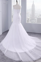 Strapless Sweetheart Mermaid Wedding Dresses Lace Ruffless Tulle Bridal Gowns
