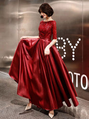 Stunning Evening Dresses Burgundy Half Sleeve Sequin Satin Floor Length Long Prom Gown