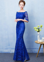 Stunning Mermaid Evening Dress Royal Blue Lace evening dress Off The Shoulder Half Sleeve fishtail Maxi Party Dress wedding guest dress