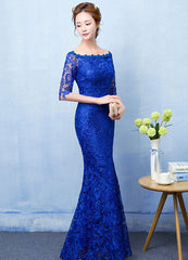 Stunning Mermaid Evening Dress Royal Blue Lace evening dress Off The Shoulder Half Sleeve fishtail Maxi Party Dress wedding guest dress