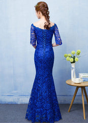Stunning Mermaid Evening Dress Royal Blue Lace evening dress Off The Shoulder Half Sleeve fishtail Maxi Party Dress wedding guest dress
