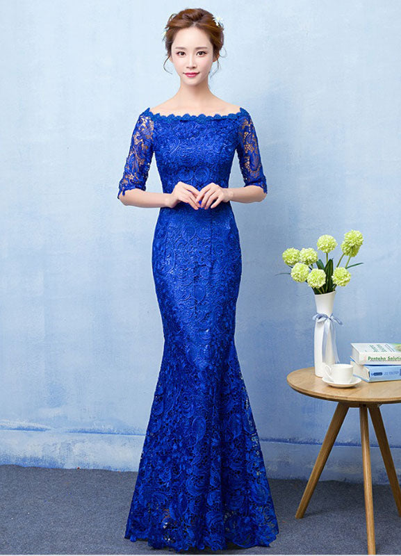 Stunning Mermaid Evening Dress Royal Blue Lace evening dress Off The Shoulder Half Sleeve fishtail Maxi Party Dress wedding guest dress