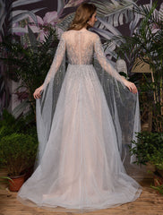 Stunning Wedding Dresses A Line Sweep Short Sleeves Beaded Jewel Neck Tulle Bridal Dresses