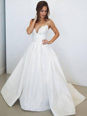 Sweep Train Ball Gown Sleeveless Ruched Satin Spaghetti Straps Wedding Dresses