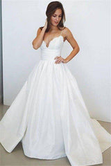 Sweep Train Ball Gown Sleeveless Ruched Satin Spaghetti Straps Wedding Dresses