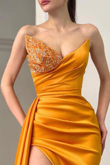 Sweetheart Orange Half-Beaded Long High Split Prom Dress with Half train