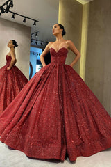 Sweetheart Sexy Ball Gown Prom Dress Sequins Red Long