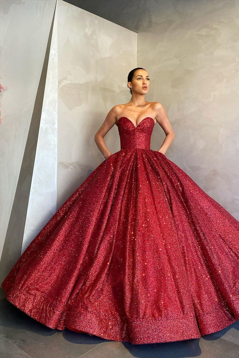 Sweetheart Sexy Ball Gown Prom Dress Sequins Red Long