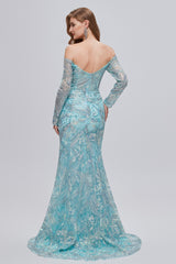 Sweetheart Strapless Lace Sequined Floor-length Long Sleeve Open Back Mermaid Prom Dress