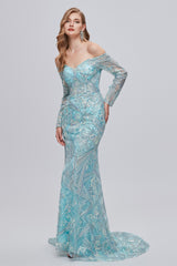 Sweetheart Strapless Lace Sequined Floor-length Long Sleeve Open Back Mermaid Prom Dress