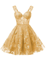 Teens Sparkly Tulle Gold Homecoming Dresses Spaghetti Straps Short Cocktail Party Prom Dress