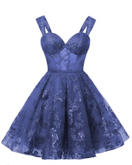 Teens Sparkly Tulle Navy Blue Homecoming Dresses Spaghetti Straps Short Cocktail Party Prom Dress