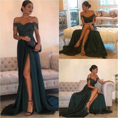 THERESA A-line Floor Length Split Off-the-Shoulder Lace Prom Dresses