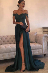 THERESA A-line Floor Length Split Off-the-Shoulder Lace Prom Dresses