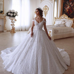 Traditional Ball Gown V neck Cold Shoulder White Lace Wedding Dress