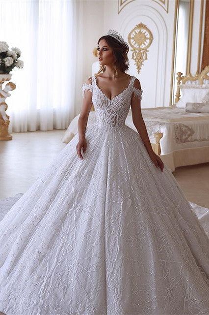 Traditional Ball Gown V neck Cold Shoulder White Lace Wedding Dress