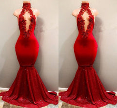 Trendy Mermaid Red Lace High Neck Prom Party Gowns| Red Prom Party Gowns