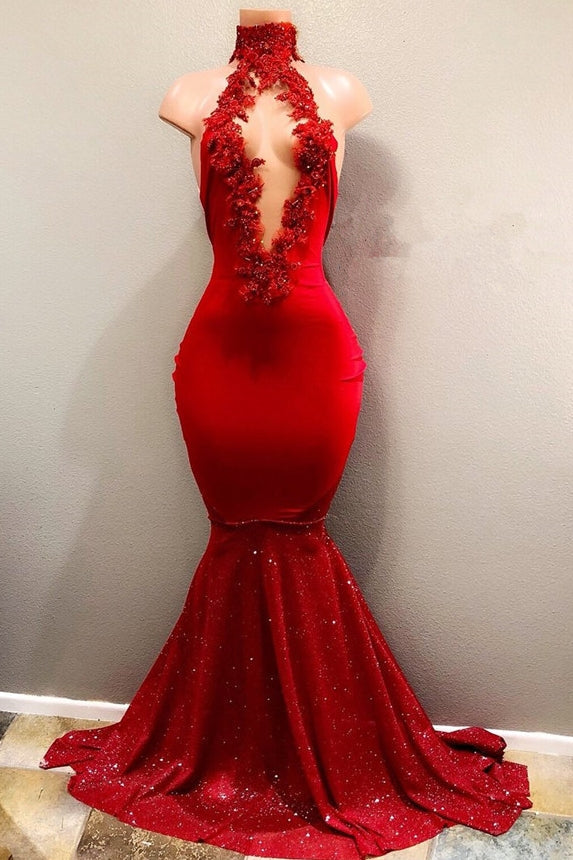 Trendy Mermaid Red Lace High Neck Prom Party Gowns| Red Prom Party Gowns