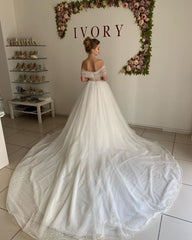 Trendy Off the shoulder Princess Pearl White Ball Gown Wedding Dresses