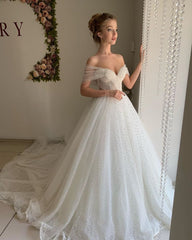 Trendy Off the shoulder Princess Pearl White Ball Gown Wedding Dresses