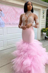 Trendy Pink Illusion neck Long Sleeves Mermaid Ruffles Prom Dresses