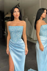 Trendy Sky blue Strapless Sequin Top High split Prom Dress