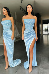 Trendy Sky blue Strapless Sequin Top High split Prom Dress