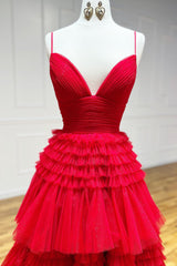 Tulle Deep V Neck Spaghetti Straps Long Prom Dress