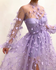 Tulle High Neck Front Slit Prom Party Gowns| Chic Appliques Flowers Long Sleevess Prom Party Gowns