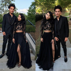 Two Piece Long Sleeves Evening Gown Black Chic Slit Lace Prom Party Gowns