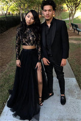 Two Piece Long Sleeves Evening Gown Black Chic Slit Lace Prom Party Gowns