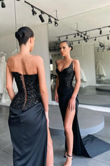 Unique Black special Strapless High-split Lace-up Sequined Prom Dress