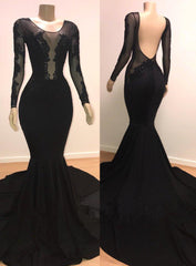 Unique Scoop Long Sleevess Backless Appliques Tulle Mermaid Prom Dresses